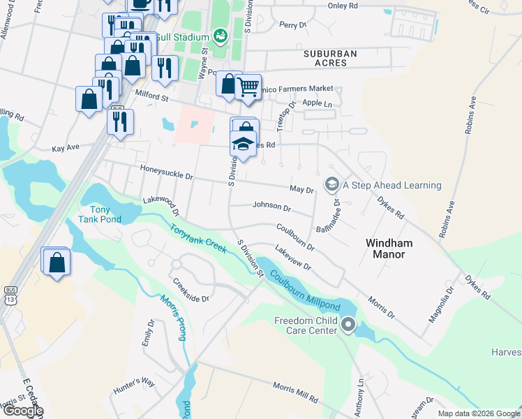 map of restaurants, bars, coffee shops, grocery stores, and more near 111 Johnson Drive in Salisbury