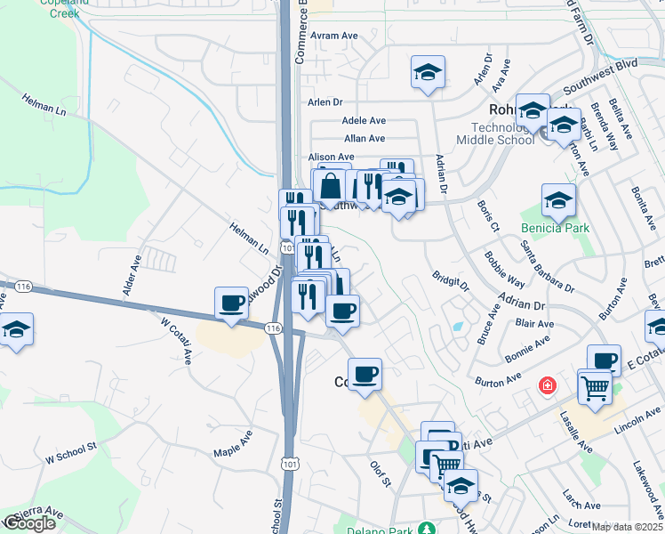map of restaurants, bars, coffee shops, grocery stores, and more near 102 Nicholas Court in Cotati