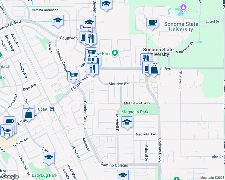 map of restaurants, bars, coffee shops, grocery stores, and more near 7519 Monet Place in Rohnert Park