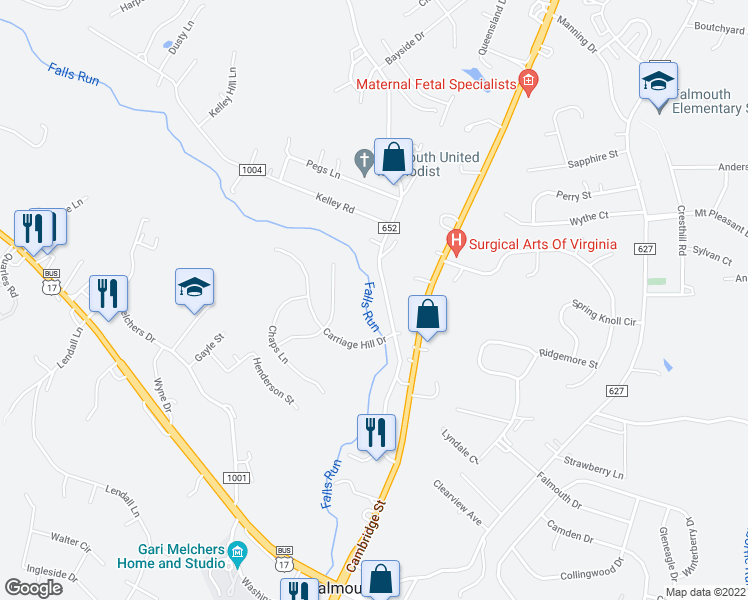 map of restaurants, bars, coffee shops, grocery stores, and more near 91 Truslow Road in Fredericksburg