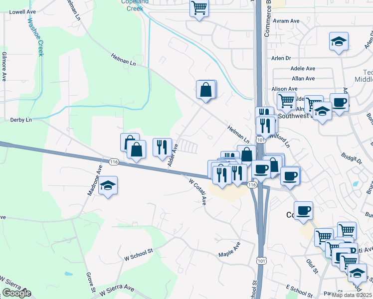 map of restaurants, bars, coffee shops, grocery stores, and more near 7720 Frengle Court in Cotati