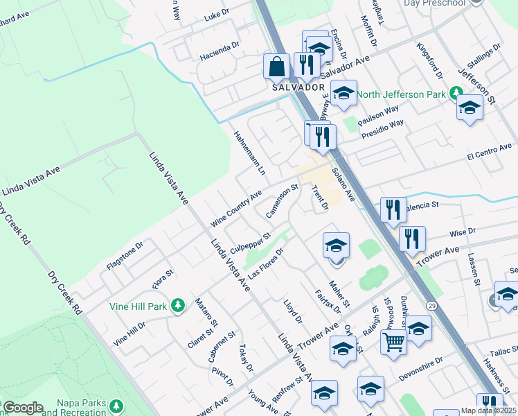 map of restaurants, bars, coffee shops, grocery stores, and more near 4446 Stillson Street in Napa