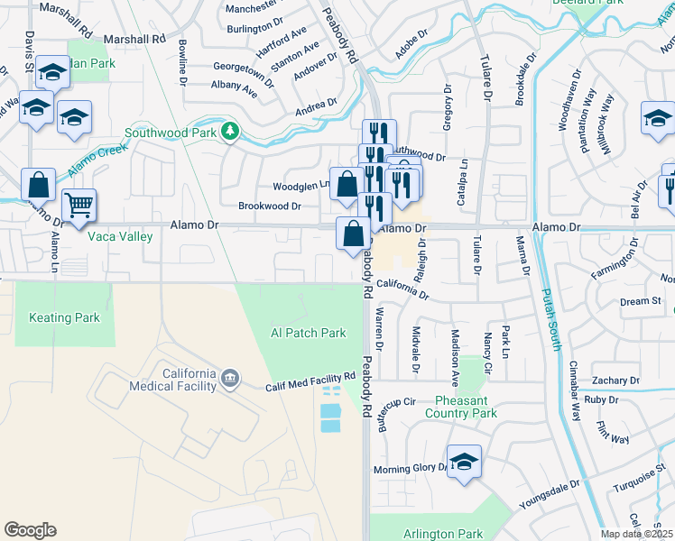 map of restaurants, bars, coffee shops, grocery stores, and more near 1864 Quail Meadows Circle in Vacaville