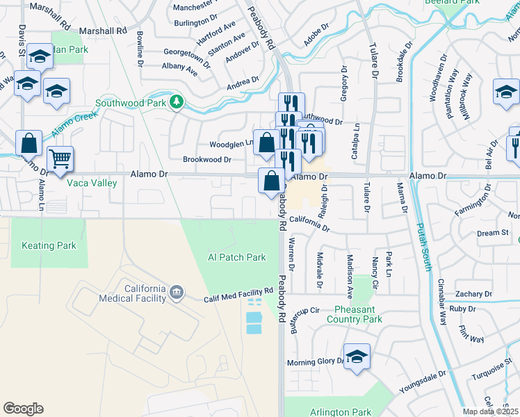 map of restaurants, bars, coffee shops, grocery stores, and more near 1864 Quail Meadows Circle in Vacaville