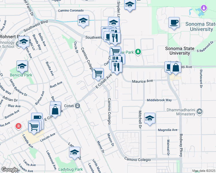 map of restaurants, bars, coffee shops, grocery stores, and more near 7460 Cristobal Road in Rohnert Park