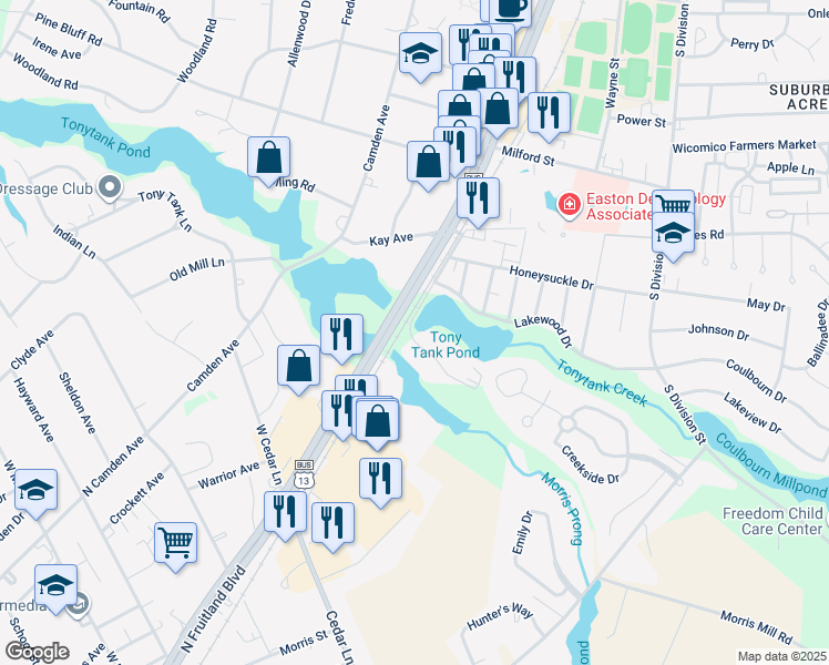 map of restaurants, bars, coffee shops, grocery stores, and more near 251 Canal Park Drive in Salisbury
