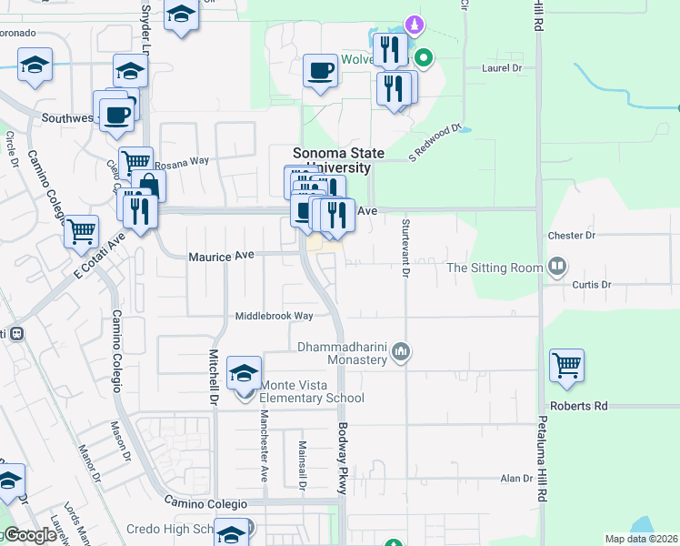 map of restaurants, bars, coffee shops, grocery stores, and more near 7454 Madera Place in Rohnert Park
