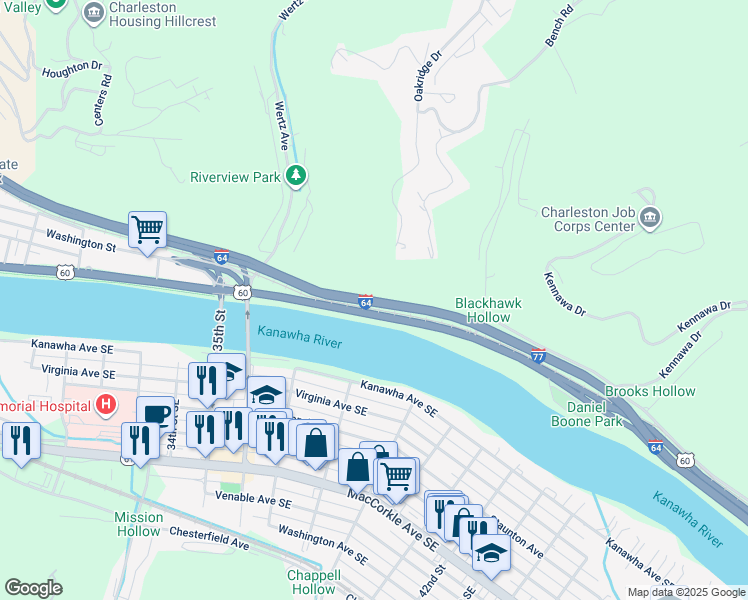 map of restaurants, bars, coffee shops, grocery stores, and more near Interstate 64 in Charleston