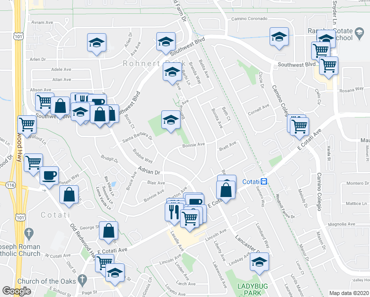 map of restaurants, bars, coffee shops, grocery stores, and more near 575 Bonnie Avenue in Rohnert Park