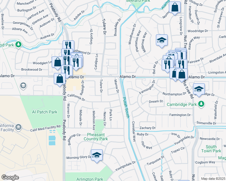map of restaurants, bars, coffee shops, grocery stores, and more near 213 Helen Way in Vacaville