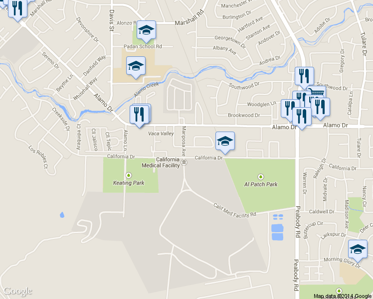 map of restaurants, bars, coffee shops, grocery stores, and more near 1600 Amapola St in Vacaville