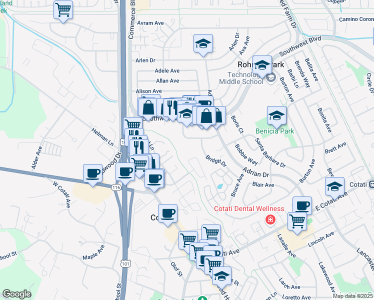 map of restaurants, bars, coffee shops, grocery stores, and more near 281 College View Drive in Rohnert Park