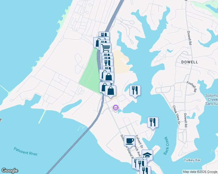map of restaurants, bars, coffee shops, grocery stores, and more near 14030 H G Trueman Road in Solomons