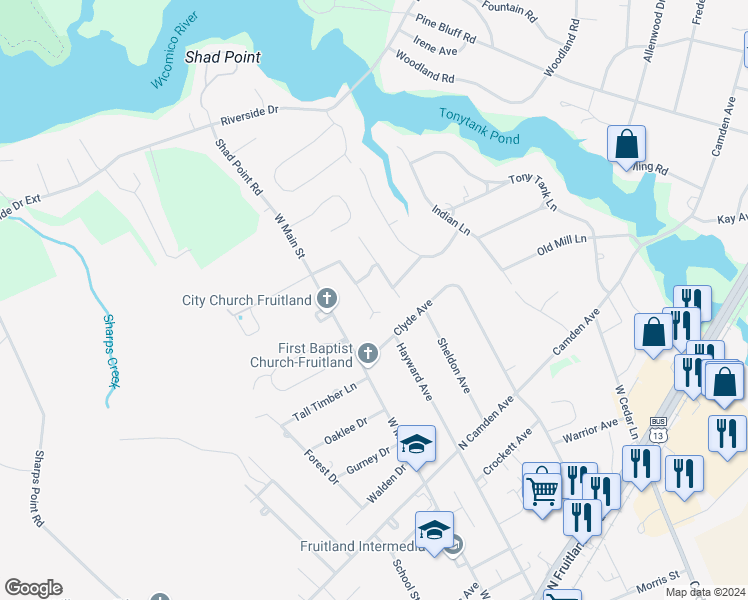 map of restaurants, bars, coffee shops, grocery stores, and more near 102 Autumn Lane in Fruitland