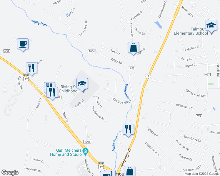 map of restaurants, bars, coffee shops, grocery stores, and more near 88 Carriage Hill Drive in Fredericksburg