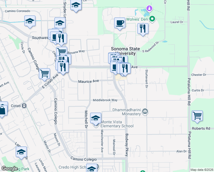 map of restaurants, bars, coffee shops, grocery stores, and more near 7455 Michael Way in Rohnert Park