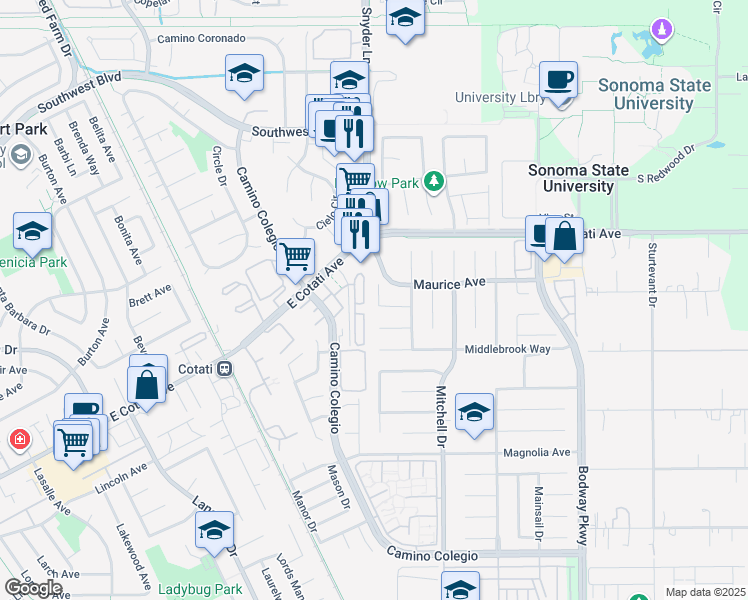 map of restaurants, bars, coffee shops, grocery stores, and more near 1323 Milton Place in Rohnert Park