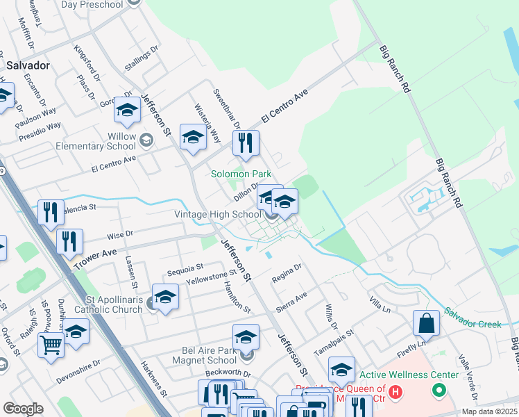map of restaurants, bars, coffee shops, grocery stores, and more near 1375 Trower Avenue in Napa