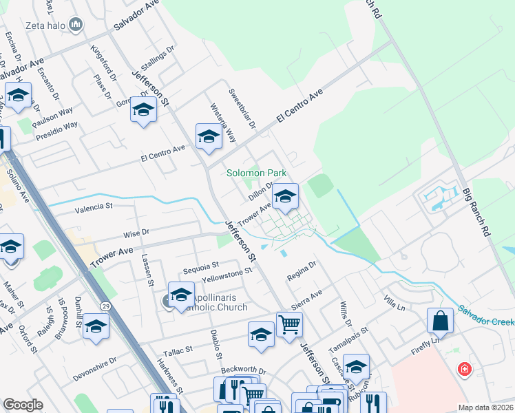 map of restaurants, bars, coffee shops, grocery stores, and more near 1215 Dillon Drive in Napa