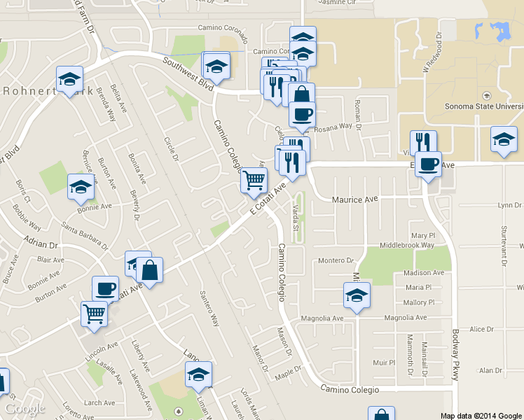 map of restaurants, bars, coffee shops, grocery stores, and more near 7500 Camino Colegio in Rohnert Park