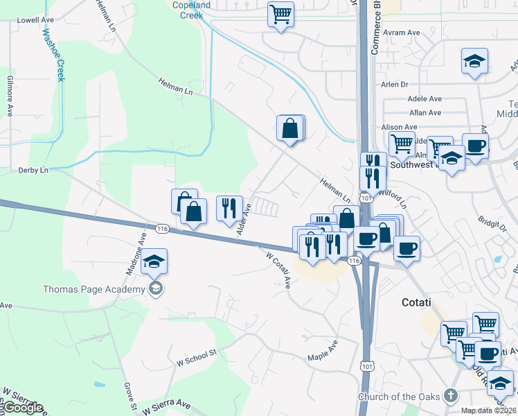map of restaurants, bars, coffee shops, grocery stores, and more near 7612 Eckmeyer Court in Cotati