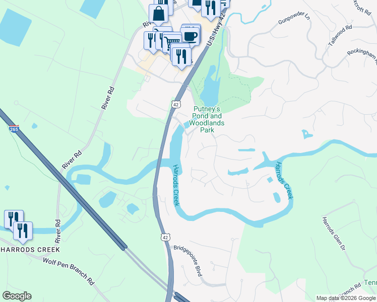 map of restaurants, bars, coffee shops, grocery stores, and more near 5004 Harrods Landing Drive in Prospect