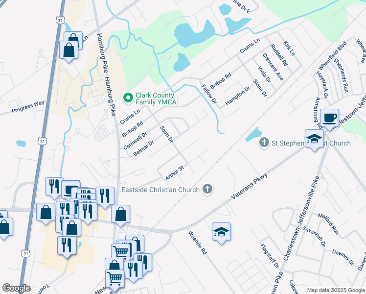 map of restaurants, bars, coffee shops, grocery stores, and more near 2403 Kingsfield Street in Jeffersonville