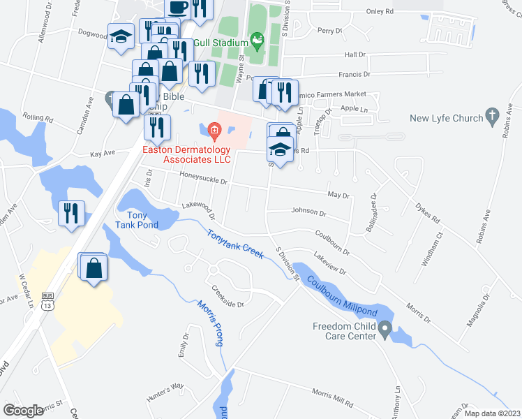map of restaurants, bars, coffee shops, grocery stores, and more near 1506 South Division Street in Salisbury