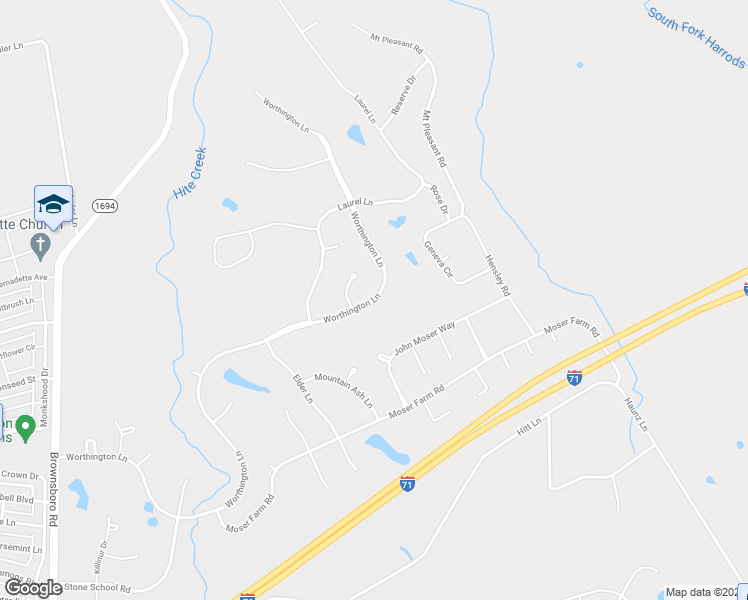 map of restaurants, bars, coffee shops, grocery stores, and more near 10722 Worthington Lane in Prospect