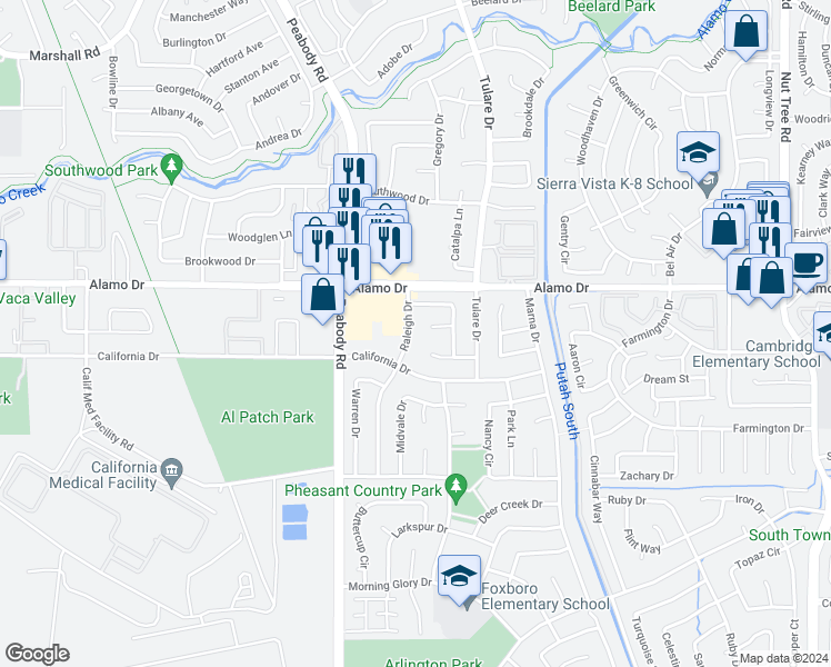 map of restaurants, bars, coffee shops, grocery stores, and more near 135 Raleigh Drive in Vacaville