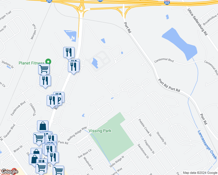 map of restaurants, bars, coffee shops, grocery stores, and more near 3801 Violet Court in Jeffersonville