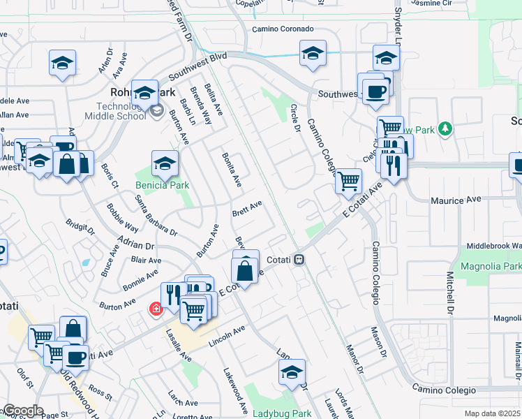 map of restaurants, bars, coffee shops, grocery stores, and more near 747 Brett Avenue in Rohnert Park