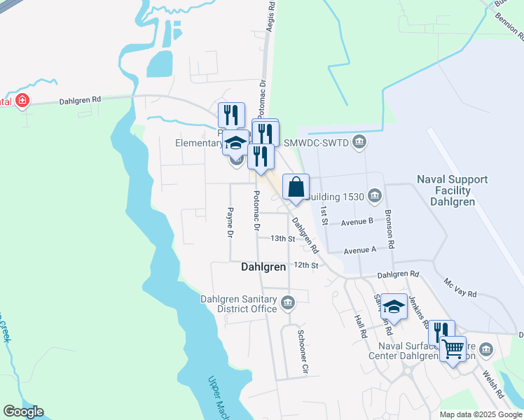 map of restaurants, bars, coffee shops, grocery stores, and more near 5381 Potomac Drive in King George