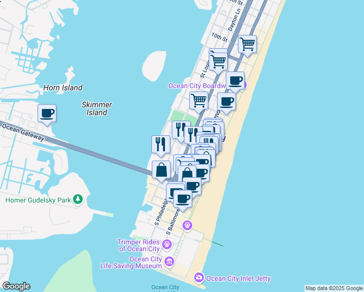 map of restaurants, bars, coffee shops, grocery stores, and more near 203 2nd Street in Ocean City