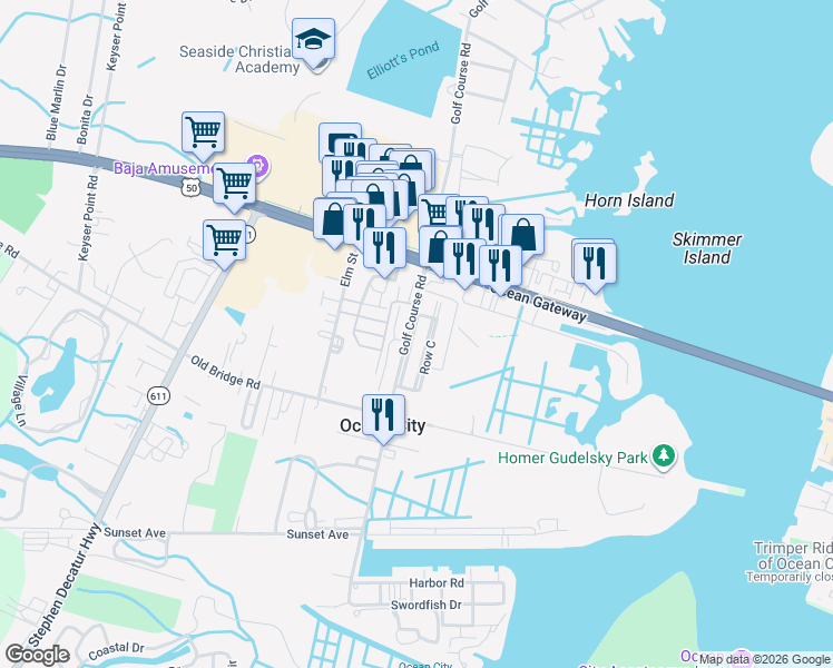 map of restaurants, bars, coffee shops, grocery stores, and more near 9 Row A in Ocean City