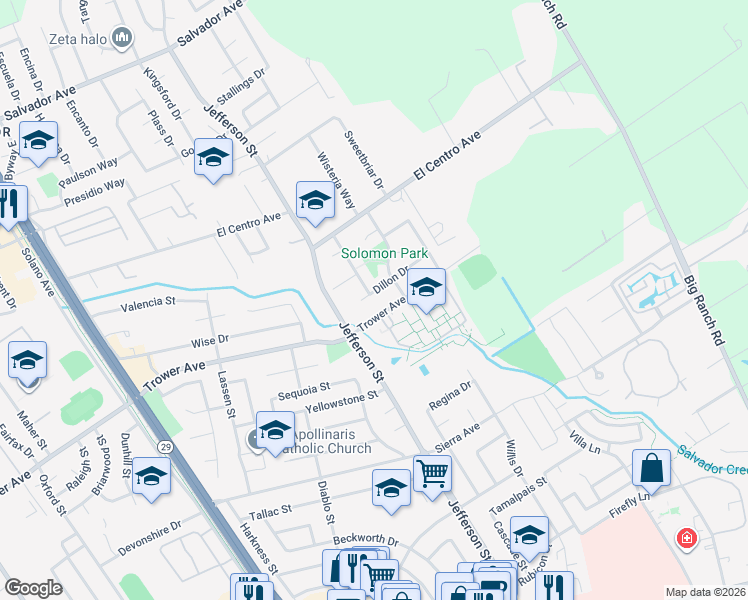 map of restaurants, bars, coffee shops, grocery stores, and more near 1215 Dillon Drive in Napa