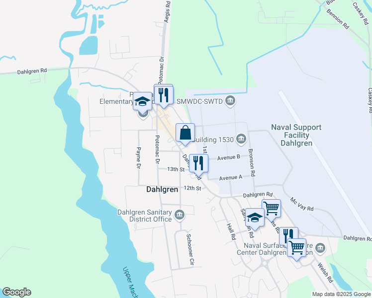map of restaurants, bars, coffee shops, grocery stores, and more near 17165 Dahlgren Road in King George