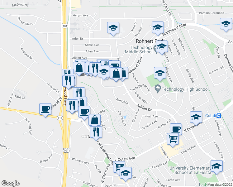 map of restaurants, bars, coffee shops, grocery stores, and more near 7416 Bridgit Drive in Rohnert Park