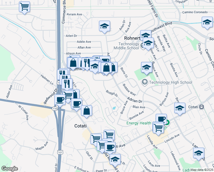 map of restaurants, bars, coffee shops, grocery stores, and more near 7416 Bridgit Drive in Rohnert Park