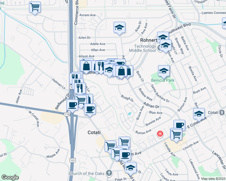 map of restaurants, bars, coffee shops, grocery stores, and more near 281 College View Drive in Rohnert Park