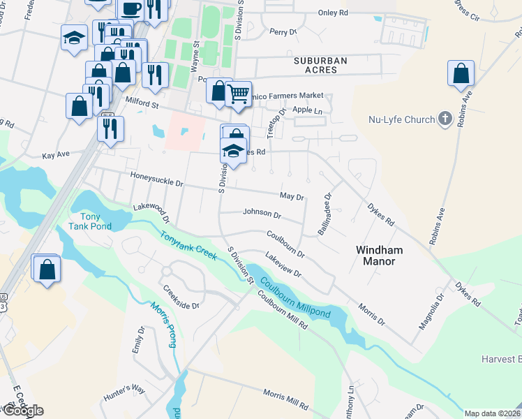 map of restaurants, bars, coffee shops, grocery stores, and more near 121 Johnson Drive in Salisbury