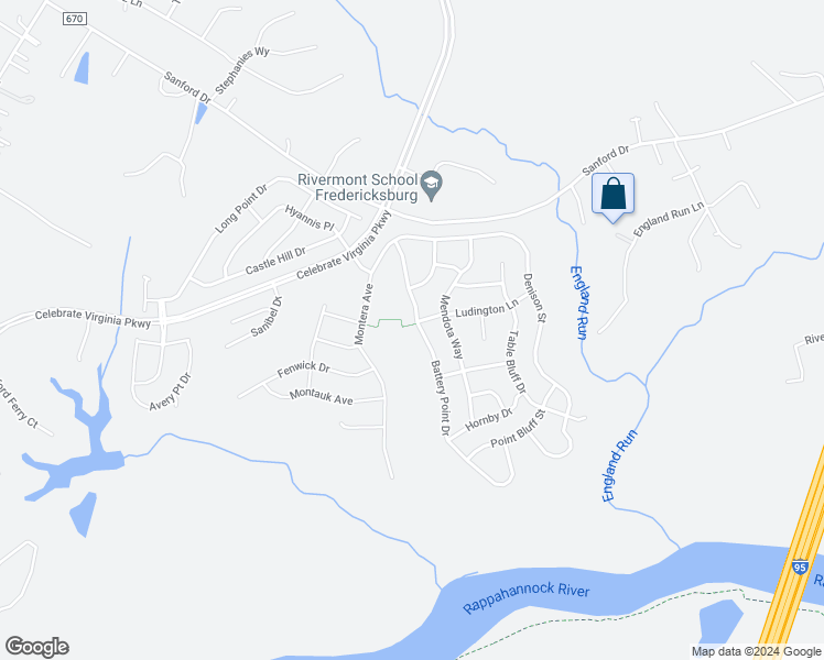 map of restaurants, bars, coffee shops, grocery stores, and more near 30 Battery Point Drive in Fredericksburg
