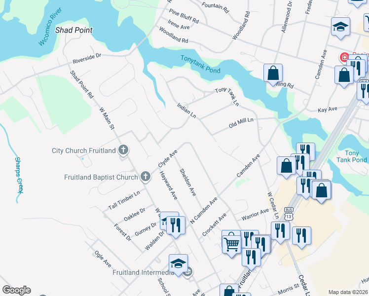 map of restaurants, bars, coffee shops, grocery stores, and more near 518 Clyde Avenue in Fruitland