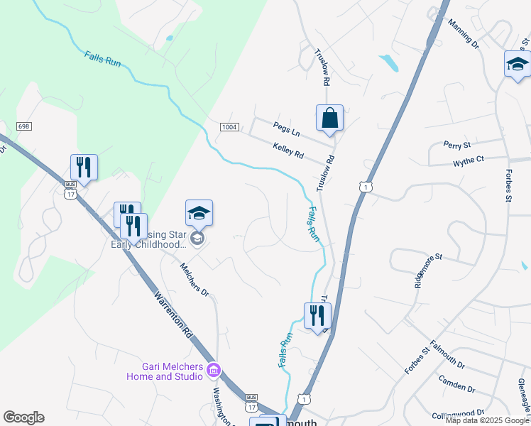 map of restaurants, bars, coffee shops, grocery stores, and more near 95 Carriage Hill Drive in Fredericksburg