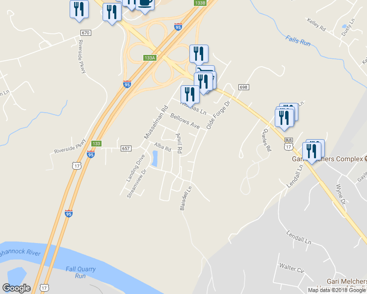 map of restaurants, bars, coffee shops, grocery stores, and more near 731 Anvil Road in Fredericksburg