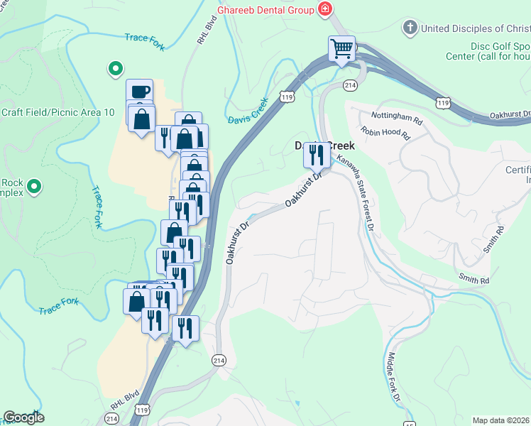 map of restaurants, bars, coffee shops, grocery stores, and more near 1804 Oakhurst Drive in Charleston