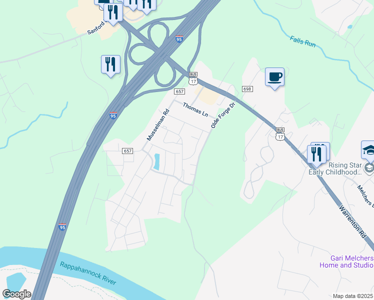 map of restaurants, bars, coffee shops, grocery stores, and more near 731 Anvil Road in Fredericksburg