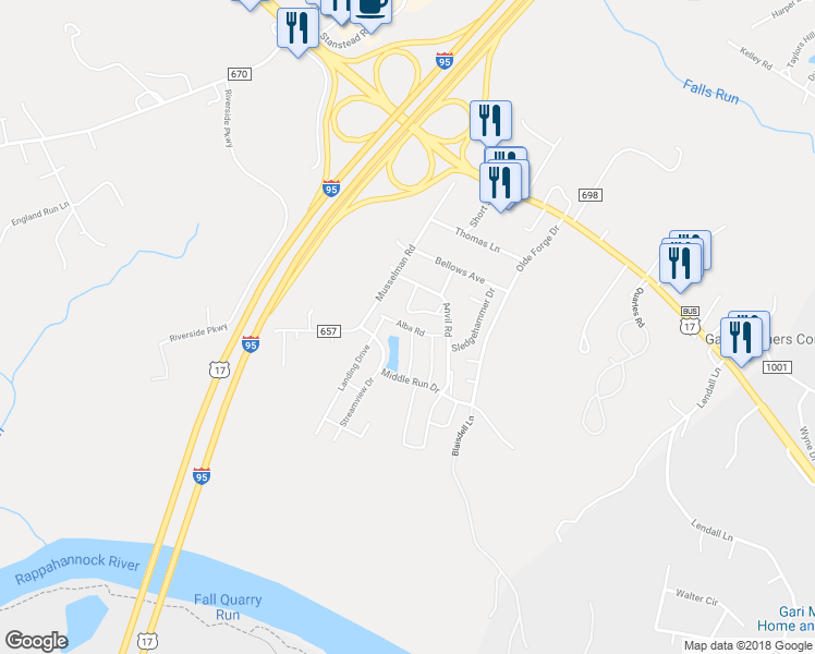 map of restaurants, bars, coffee shops, grocery stores, and more near Alba Road in Fredericksburg