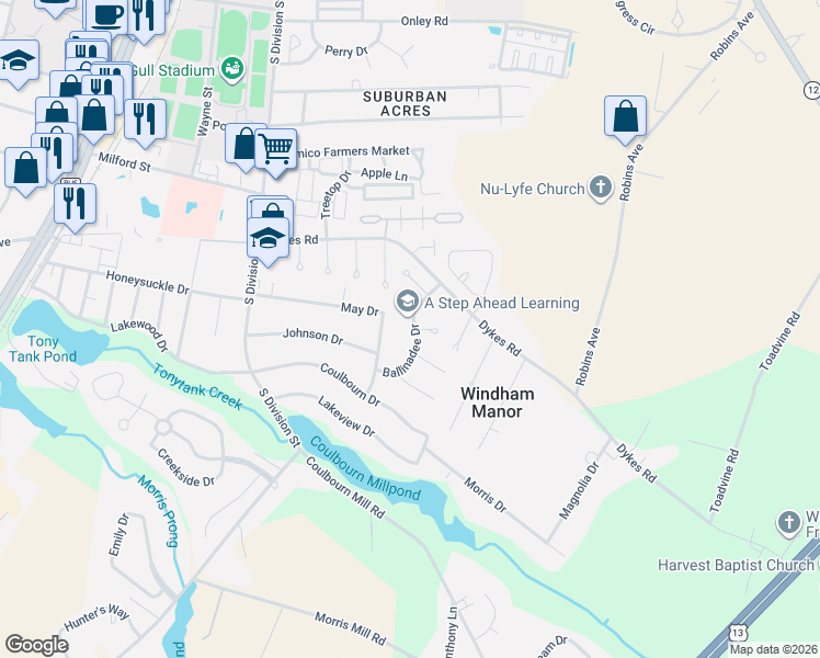 map of restaurants, bars, coffee shops, grocery stores, and more near 1416 Ballinadee Drive in Salisbury