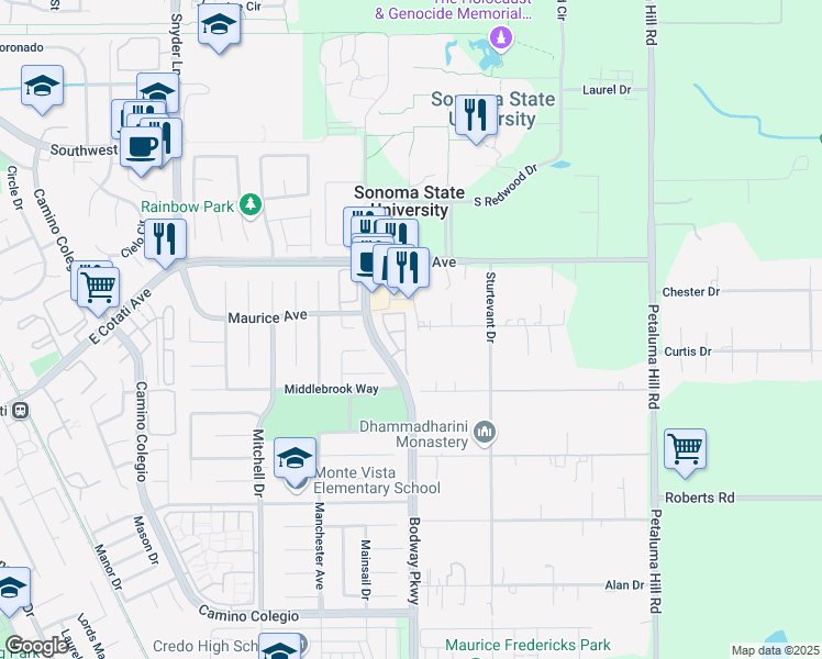 map of restaurants, bars, coffee shops, grocery stores, and more near 7448 Madera Place in Rohnert Park